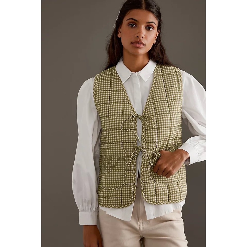 Damson Madder Gingham Arte Weste Reversible Quilted Vest Green Floral US 8 UK 12